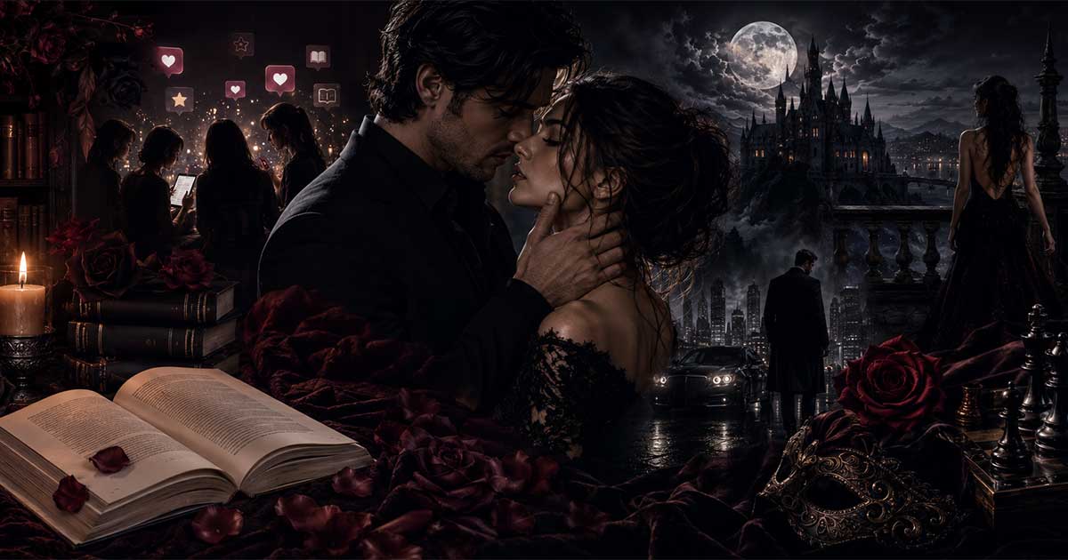 Dark Romance Novel illustration featuring an intense couple embracing in the foreground, surrounded by gothic architecture, a moonlit castle, roses, books, candles, chess pieces, and mysterious cityscapes, symbolizing psychological tension, morally gray characters, and emotionally complex romance.