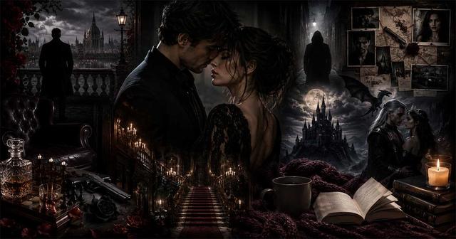 Dark romance collage featuring an intense couple, a gothic mansion, mafia-inspired elements, mysterious figures, fantasy castle, candlelit interiors, and dark romantic symbolism representing the emotional intensity and morally complex themes of adult dark romance novels.