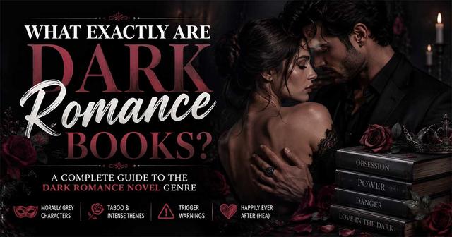 Dark Romance Novel illustration featuring a mysterious couple embracing in a candlelit gothic setting surrounded by dark roses, vintage books, and dramatic shadows, symbolizing obsession, morally grey characters, danger, and intense romance.