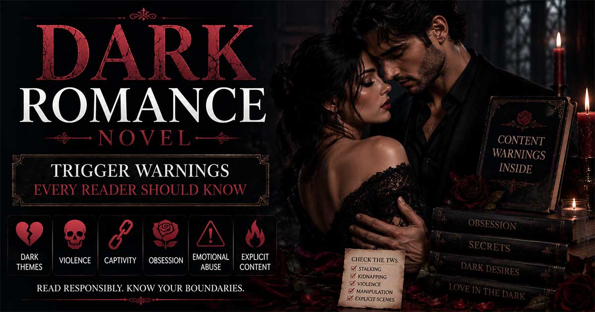 Dark Romance Novel illustration showing an intense couple embracing in a candlelit gothic setting surrounded by crimson roses, antique books, warning symbols, and dark decorative elements, representing trigger warnings, obsession, emotional intensity, morally grey characters, and forbidden love.