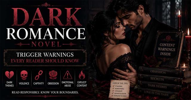 Dark Romance Novel illustration showing an intense couple embracing in a candlelit gothic setting surrounded by crimson roses, antique books, warning symbols, and dark decorative elements, representing trigger warnings, obsession, emotional intensity, morally grey characters, and forbidden love.