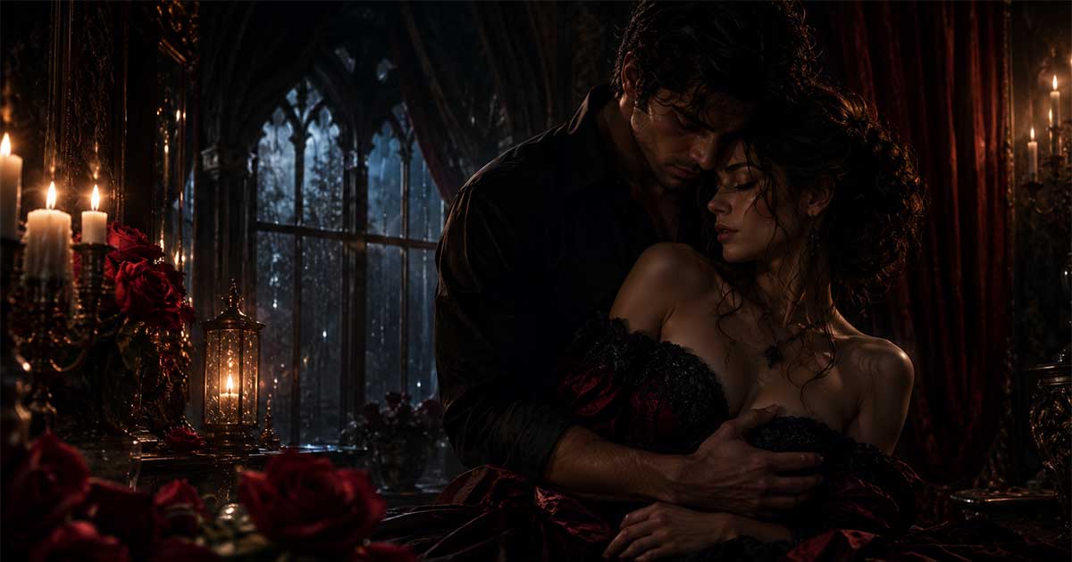 Dark romance novel illustration featuring an emotionally intense couple in a gothic setting surrounded by candlelight, roses, and dramatic shadows.